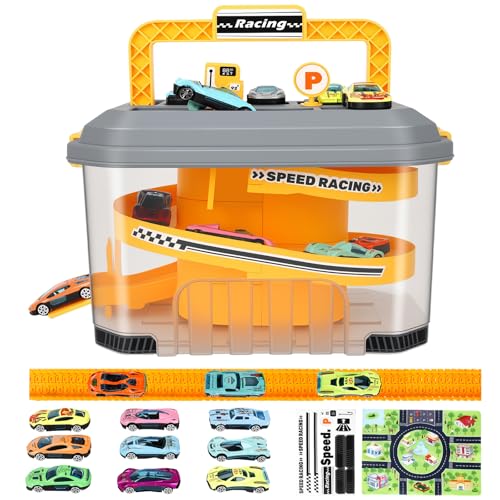 Toy Car Track Storage Playset with 12 Diecast Cars