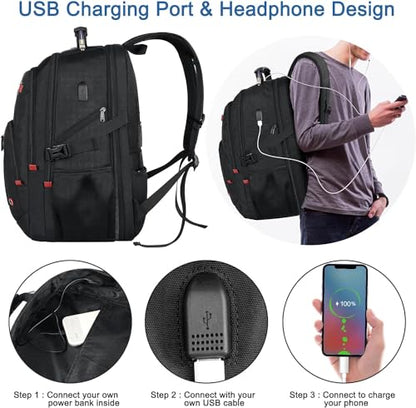 Z-MGKISS Extra Large Travel Backpack, TSA Backpack 17.3 Inch, 50L Anti Theft 17 Inch Big Business Laptop Backpack for Men & Women, Water Resistant College Rucksack Bag with USB Port, Black