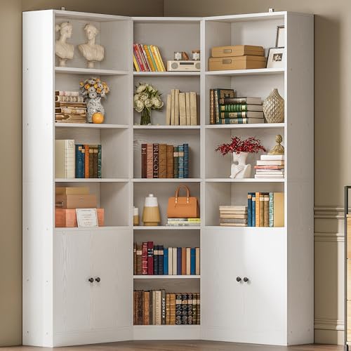 Corner Bookshelf with 2 Cabinets and 7 Shelves