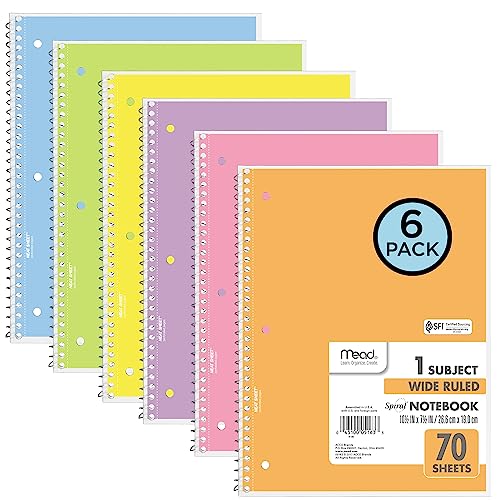 6 Pack Mead Spiral Notebooks, 1 Subject, Wide Ruled