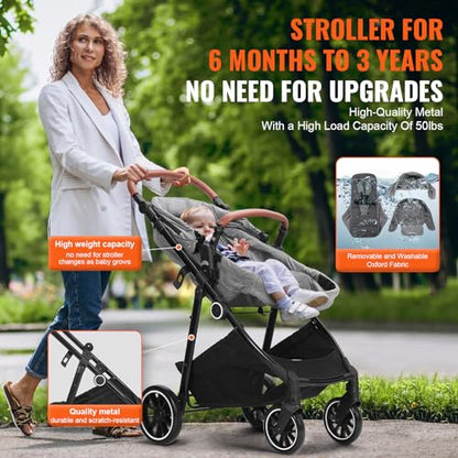 VEVOR Standard Baby Stroller, Infant Toddler Stroller with Bassinet, 3rd-Gear Adjustable Backrest & Foldable & Reversible Seat, Carbon Steel Newborn Stroller with Leg Cover and Mesh Net, Black