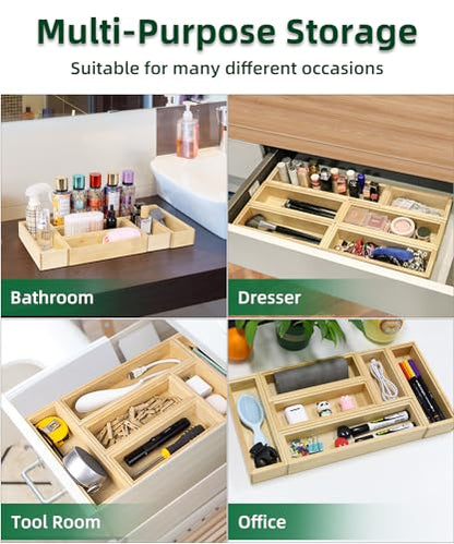Wood Bamboo Drawer Organizer Set - Stackable Utensil Holders for Kitchen, Silverware Tray for Drawer - Versatile Storage Box Set for Bathroom, Office, and Makeup Organization (Set of 6)