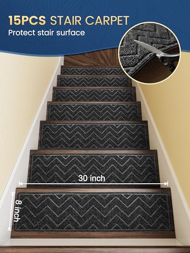 Prohalo Stair Treads Non Slip for Wooden Steps Indoor, 30"X8" Stair Runner，Peel and Stick Carpet for Stair Treads with Reusable Adhesive, Covers Staircase Step 15 Pcs Black