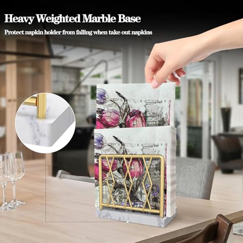 LWSFF Napkin Holder for Table, Elegant Marble Standing Napkin Dispenser for Kitchen Dining Modern Cocktail Picnic Bar, Metal Tissue Holders for kitchen Suitable for All Dining Room Decors Gold