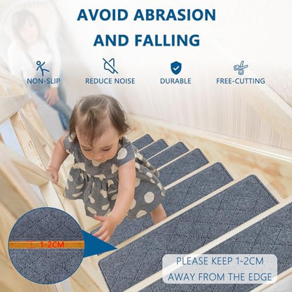 Stair Treads for Wooden Steps Indoor, KOOTETA 15 Pack 8" X 30" Non Slip Carpet Stair Treads with Reusable Adhesive for Kids Elders and Dogs, Surface Polyester TPR Backing Stair Rugs, Dark Grey