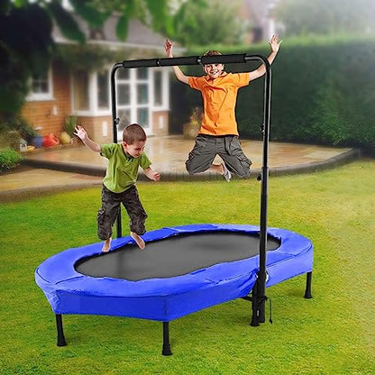 ANCHEER Mini Trampoline for Kids Indoor, Double Kids Trampoline with Adjustable Center Handlebar, 56"X36" Rebounder Trampoline Foldable, Max Load 220 LBS,Blue