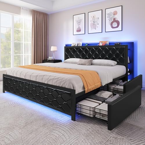 Queen Bed Frame with LED Headboard and Storage Drawers