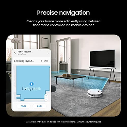 SAMSUNG Jet Bot+ Robot Vacuum Cleaner w/Clean Station, Automatic Emptying, Precision Cleaning, 5-Layer Filter, Intelligent Power Control for Hardwood Floors, Carpets, Area Rugs, VR30T85513W/AA, White