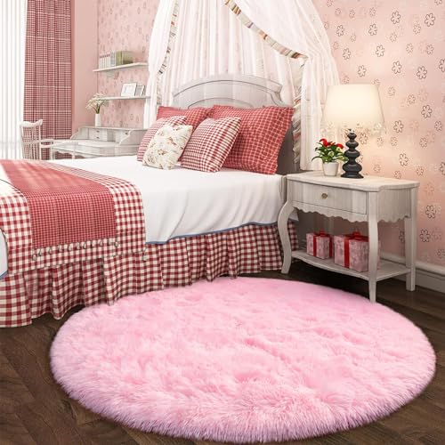OLANLY Pink Round Rugs for Bedroom - Machine Washable, 4x4 Feet Circle Area Rugs for Living Room, Soft and Fluffy Shaggy Carpet for Teen Girls and Boys, Dorms, Nursery Rooms, Home Decor Aesthetic