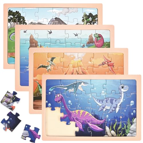 4 Pack Dinosaur Wooden Puzzles for Kids Ages 4-6