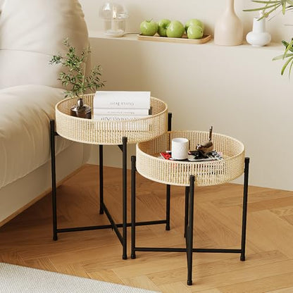 Bamworld Round Side Table Set of 2 Nesting Tables Rattan Coffee Tables Boho End Tables for Living Room Bedside Tables for Small Spaces Hand Woven Night Stands with Metal Legs Natural