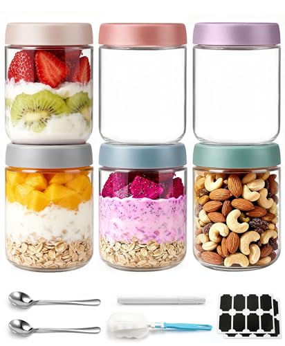 6 Pack Overnight Oats Jars with Lids and Spoons