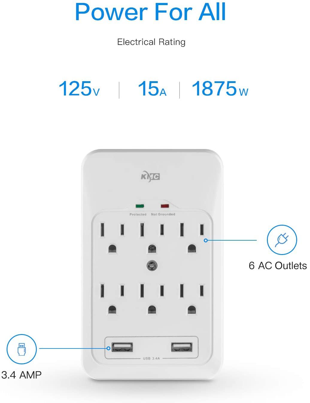 KMC 6-Outlet Surge Protector with USB Ports