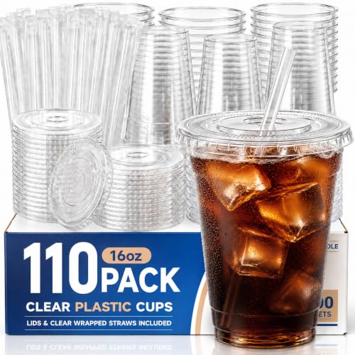 110 Pack 16 oz Disposable Plastic Cups with Lids