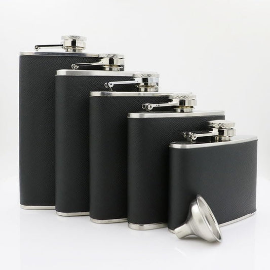 CNFLASK Black PU Leather Wrapped 8 Ounce Hip Flask 304 Stainless Steel Whiskey Flask (Black PU Leather, 8oz)
