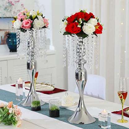 LANLONG Set of 2 Crystal Centerpieces for Tables Silver Metal Flower Vase Stand for Wedding Party Reception Home Decor