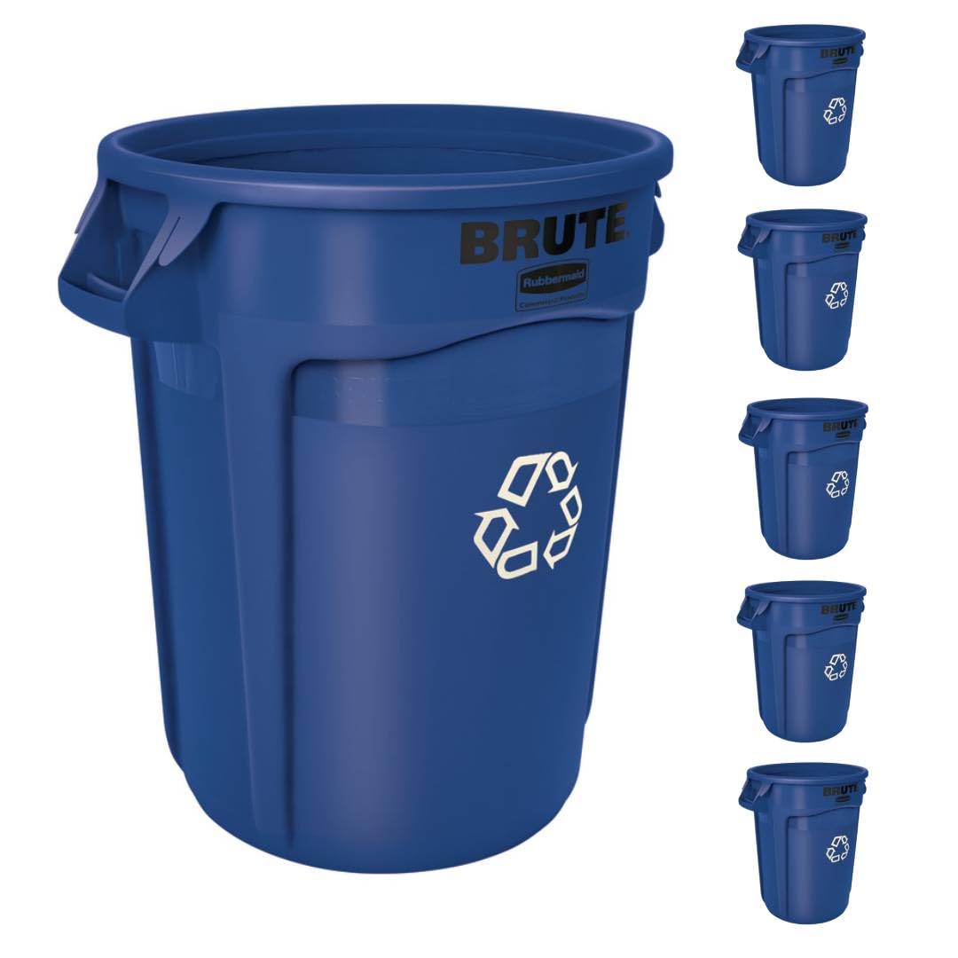 Rubbermaid Commercial Products BRUTE Heavy-Duty Round Recycling/Composting Bin, 32-Gallon, Blue Recycling, Pack of 6