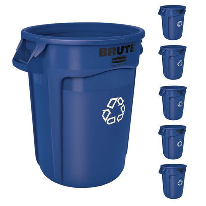 Rubbermaid Commercial Products BRUTE Heavy-Duty Round Recycling/Composting Bin, 32-Gallon, Blue Recycling, Pack of 6