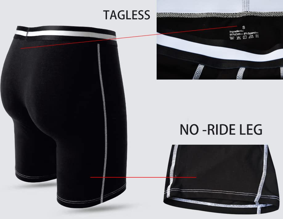 Men's Long Leg Boxer Briefs Cotton Underwear with Fly Pouch, 3-Pack (Black, Small)