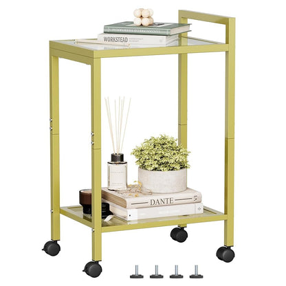 Waissdea 2-Tier Side Table，Mobile Side Table, End Tables with Tempered Glass, Narrow Side Table with Storage Shelves, for Living Room Bedroom Home Decor (Gold)