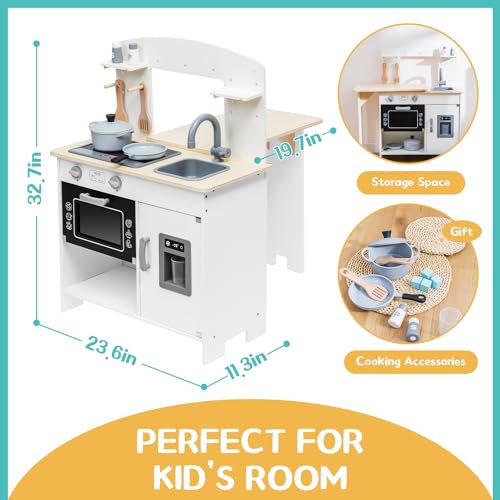 deli Kids Kitchen Playset, Wooden Play Kitchen Set for Toddlers, Toy Kitchen with Realistic Lights&Sounds, Stove, Oven, Ice Maker, Faucet, Sink