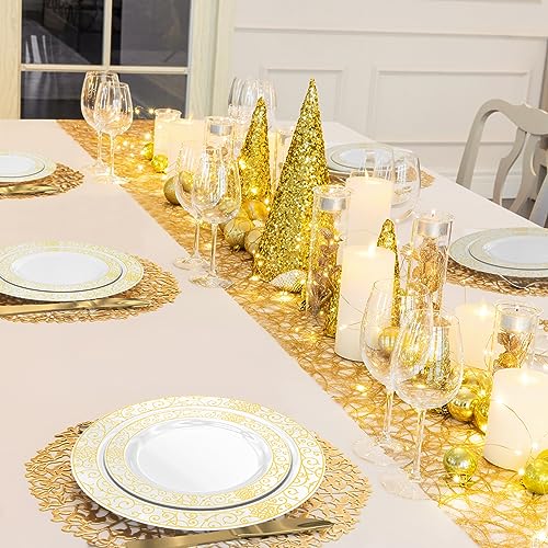 GreenElevate Easter Plastic Plates, 300 Pieces Disposable Plates for 50 Guests: 50 Dinner Plates, 50 Dessert Plates, 50 Cups, 50 Gold Plastic Silverware, Disposable Party Plates Set