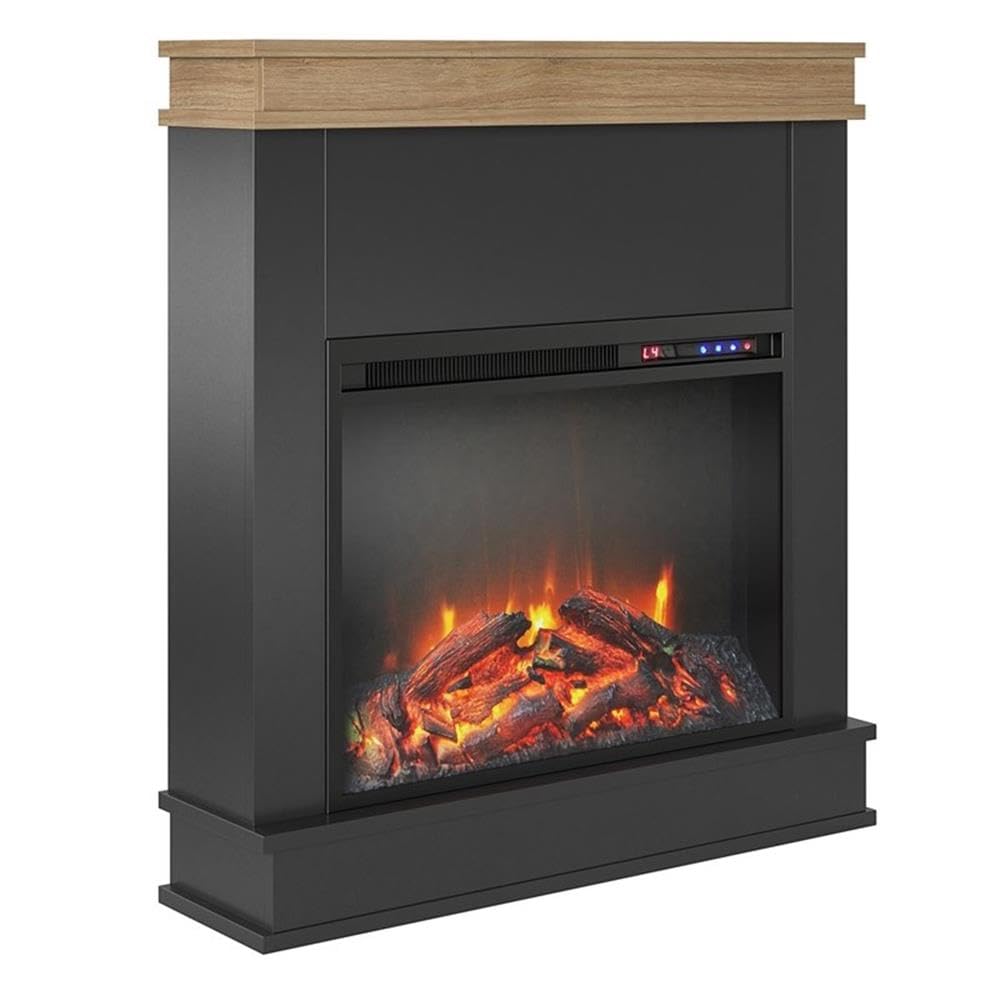 Ameriwood Home Mateo 30 Inch Electric Fireplace with Mantel, Replaceable Fireplace Insert Heater, Freestanding, Remote Control, Timer, Realistic Log and Flame Effect, Black