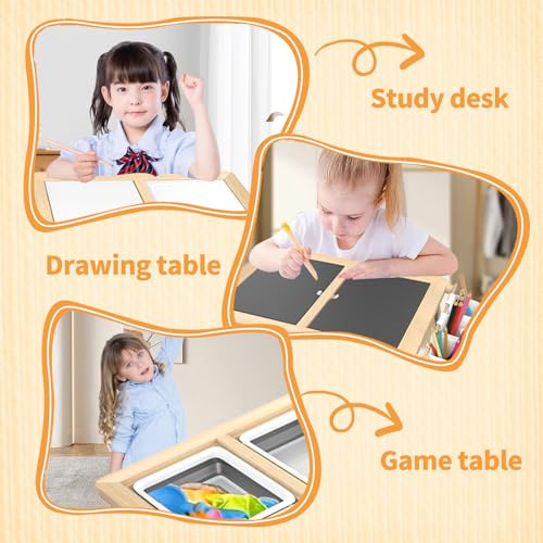 Kids Table and Chairs, Kids Table and 2 Chair Set, Sensory Bin Table with Memory Chess, Toddler Activity Table with Toddler Drawing Board, Sensory Sand Table with Lid, Kids Art Table for Kids 2-5