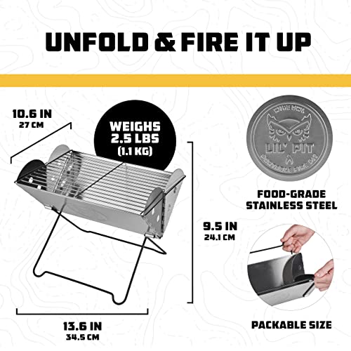 Wise Owl Outfitters Portable Camping Grill - Collapsible Fire Pit for Camping, Stainless Steel 13.6 x 10.2 Inch - 2.2lb Pop Up Fire Pit with Case for BBQ, Tailgating, Backyard, Outdoor Use