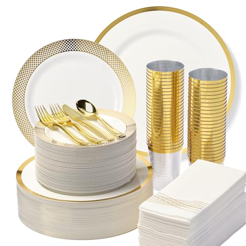 By Madee HEAVYWEIGHT Elegant Disposable Dinnerware Set | Gold Fancy Plastic Dinnerware Sets | Plates Cutlery Napkins Cups | Gold Party Plates | White and Gold Plastic Plates | 400 Pcs (50 Guests)