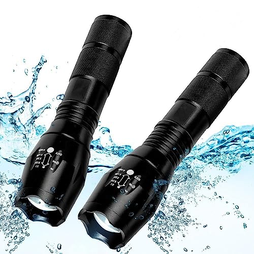 2 Pack Tactical Flashlights Torch, Military Grade 5 Modes 3000 High Lumens Led Waterproof Handheld Flashlight for Camping Biking Hiking Outdoor Home Emergency