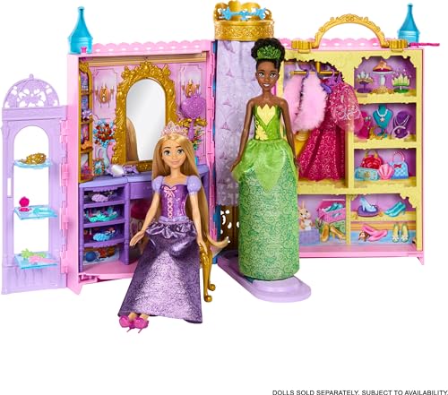 Mattel Disney Princess Toys, Doll Closet Playset with 2 Fashions, 25 Accessories, Vanity, Dressing Room, Runway & Storage, Opens to 2 Feet, Movie-Inspired