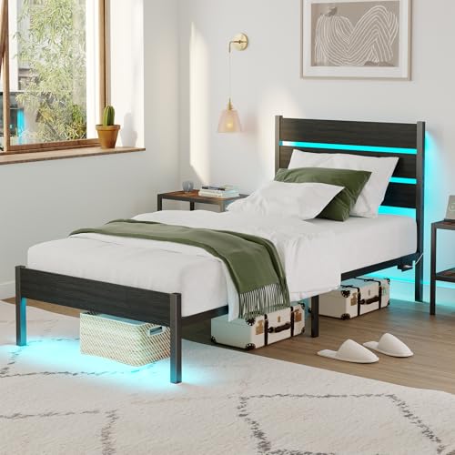 Twin Bed Frame with LED Lights and Charging Station