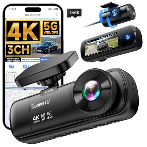 64GB 3 Channel 4K Dash Cam - Front, Inside, and Rear