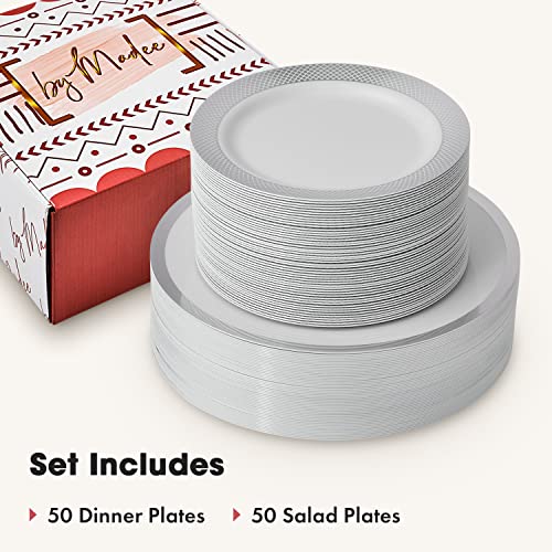 By Madee: HEAVYWEIGHT 100 Pcs White and Silver Plastic Plates | 50 Dinner Plates & 50 Dessert Plates | Silver Party Plates | High End Disposable Plates | Nice Plastic Plates for Party (50 Guests)