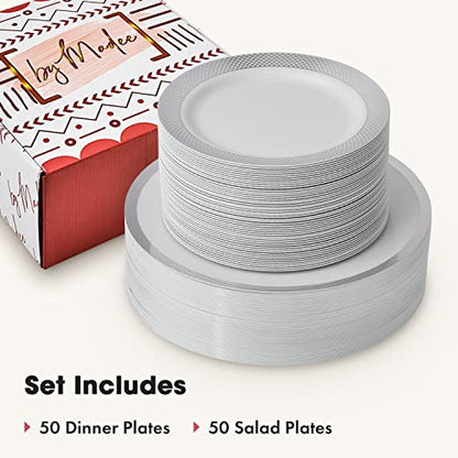 By Madee: HEAVYWEIGHT 100 Pcs White and Silver Plastic Plates | 50 Dinner Plates & 50 Dessert Plates | Silver Party Plates | High End Disposable Plates | Nice Plastic Plates for Party (50 Guests)