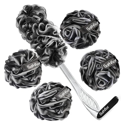 Bathflor Shower Loofah Sponge Exfoliating Body Scrubber: 4PCS Extra Large 80g Soft Mesh Luffa Poufs, 1PCS Long Handle Back Scrubber, 1PCS Lufa Hook, Charcoal Loofa for Women & Men Bath Wash (Black)