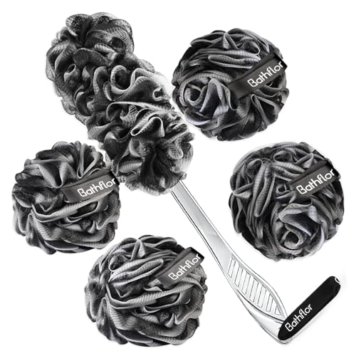 Bathflor Loofah Sponge Exfoliating Body Scrubber: 4PCS Extra Large 80g Shower Loofah Poufs, 1PCS Long Handle Loofa Back Scrubber, 1PCS Luffa Hook, Charcoal Loofah Pack for Women Men Bath Wash, Black