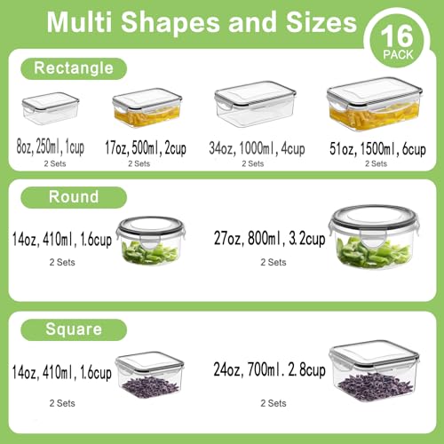 HOMBERKING 32 Pieces Food Storage Containers Set with Snap Lids (16 Lids + 16 Containers), Plastic Containers, BPA-Free Lunch Container Bento Box for Home, Black