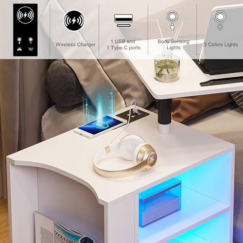 HNEBC LED Nightstand with Wireless Charging Station,White Nightstand Has Adjustable Rotary Table,Bedside Tables with One Drawer and 2 Mezzanines/Infrared Induction 3 Color Lighting (On The Left)