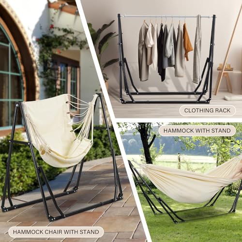 OVASTLKUY 3 in 1 Hammock with Stand, Outdoor Hammock Swing Chair with Portable Heavy Duty Stand, 3 Modes Hammock Stand 480 lbs Weight Capacity (Beige)