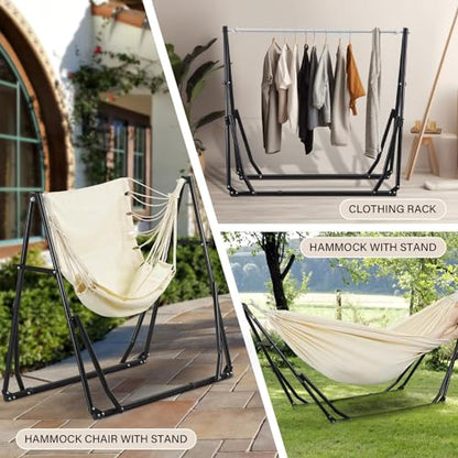 OVASTLKUY 3 in 1 Hammock with Stand, Outdoor Hammock Swing Chair with Portable Heavy Duty Stand, 3 Modes Hammock Stand 480 lbs Weight Capacity (Beige)
