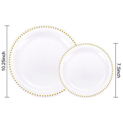 Rubtlamp 60Pcs White Gold Plastic Plates, White Disposable Plates With Gold Beaded, Heavyduty Plastic Plates Include 30 Dessert Platos, 30 Dinner Platos for Party