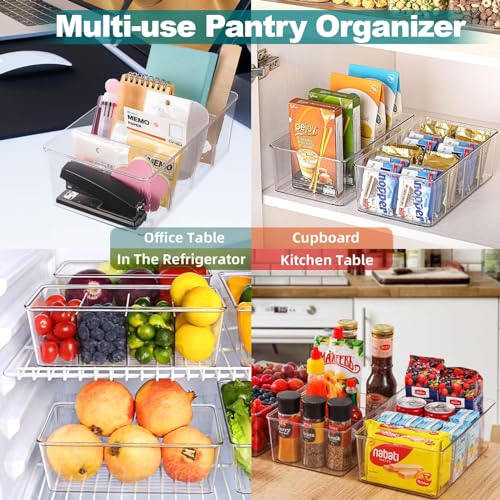 Flyxiregg Clear Pantry Organizer Bins with Dividers - 8 Pack Refrigerator Organizer Containers, Perfect for Pantry Organization or Kitchen Storage, BPA Free