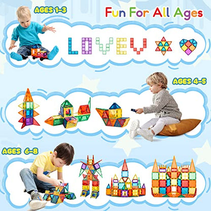 MagHub Magnetic Tiles 65 Piece Colorful Magnetic Blocks Set with car, Unique Clear 3D Magnetic Building Blocks for 3+ Years Old Boys and Girls, STEM Construction Preschool Magnets for Kids Toddlers