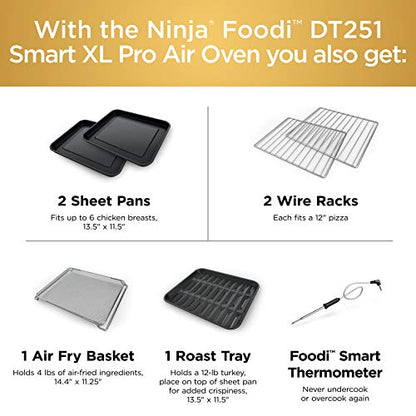 Ninja DT251 Foodi 10-in-1 Smart XL Air Fry Oven, Bake, Broil, Toast, Roast, Digital Toaster, Thermometer, True Surround Convection up to 450°F, includes 6 trays & Recipe Guide, Silver