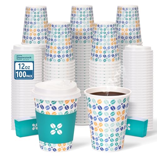 100 Pack Disposable 12oz Coffee Cups with Lids