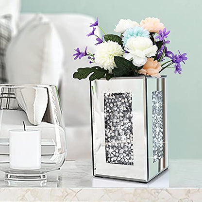 Crushed Diamond Mirrored Vase 6x6x10 inch Crystal Silver Glass Stunning Decorative Vase Flower Luxury for Home Decor. Can’t Hold Water.