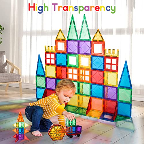 MagHub Magnetic Tiles 65 Piece Colorful Magnetic Blocks Set with car, Unique Clear 3D Magnetic Building Blocks for 3+ Years Old Boys and Girls, STEM Construction Preschool Magnets for Kids Toddlers
