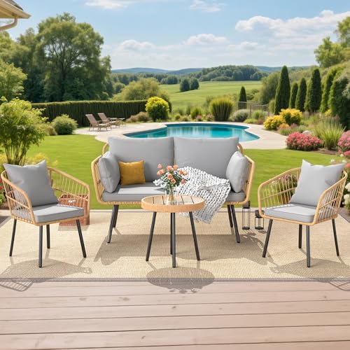 4 Piece Patio Wicker Furniture Set with Cushions